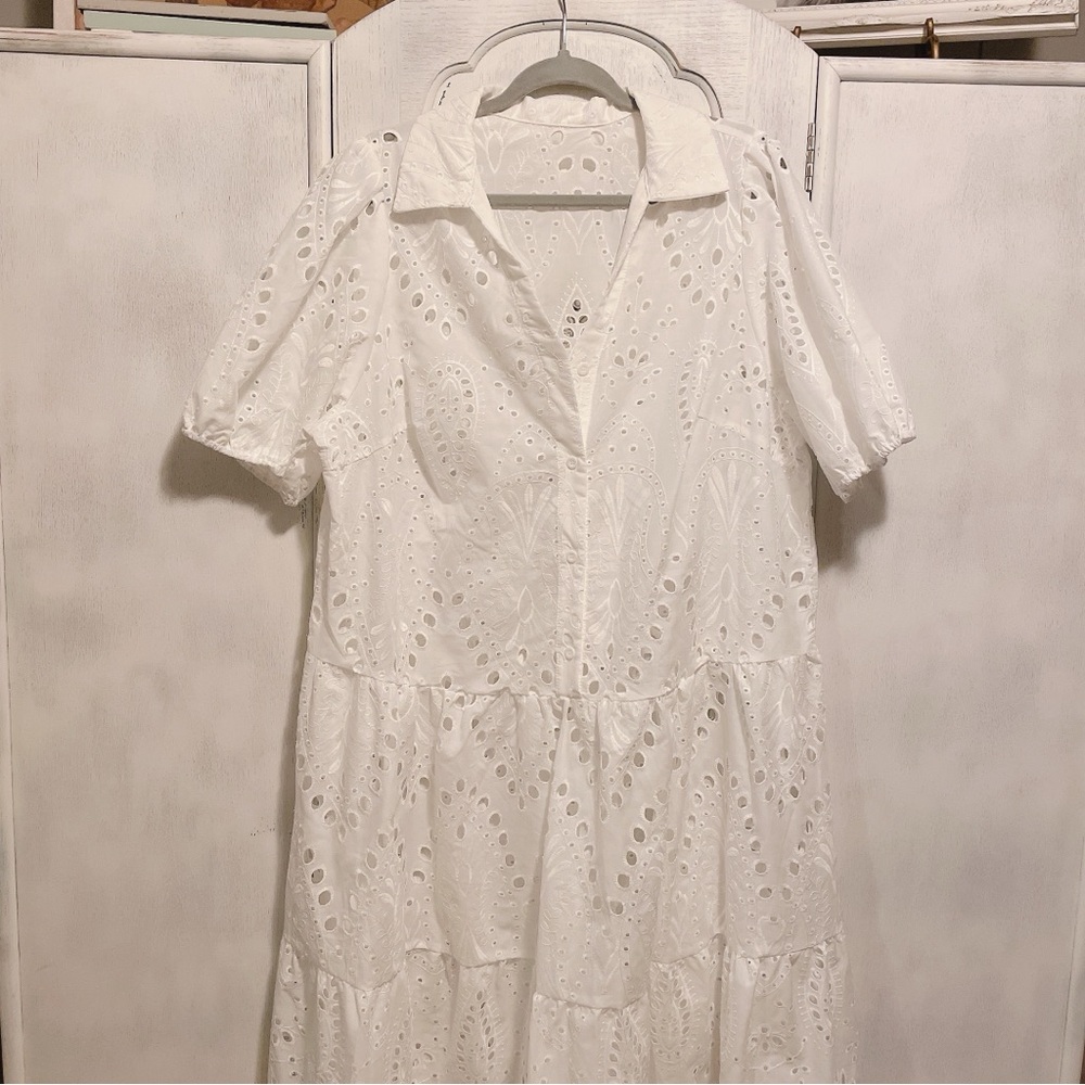 Shein White Eyelet Midi Dress - Picture 4 of 11
